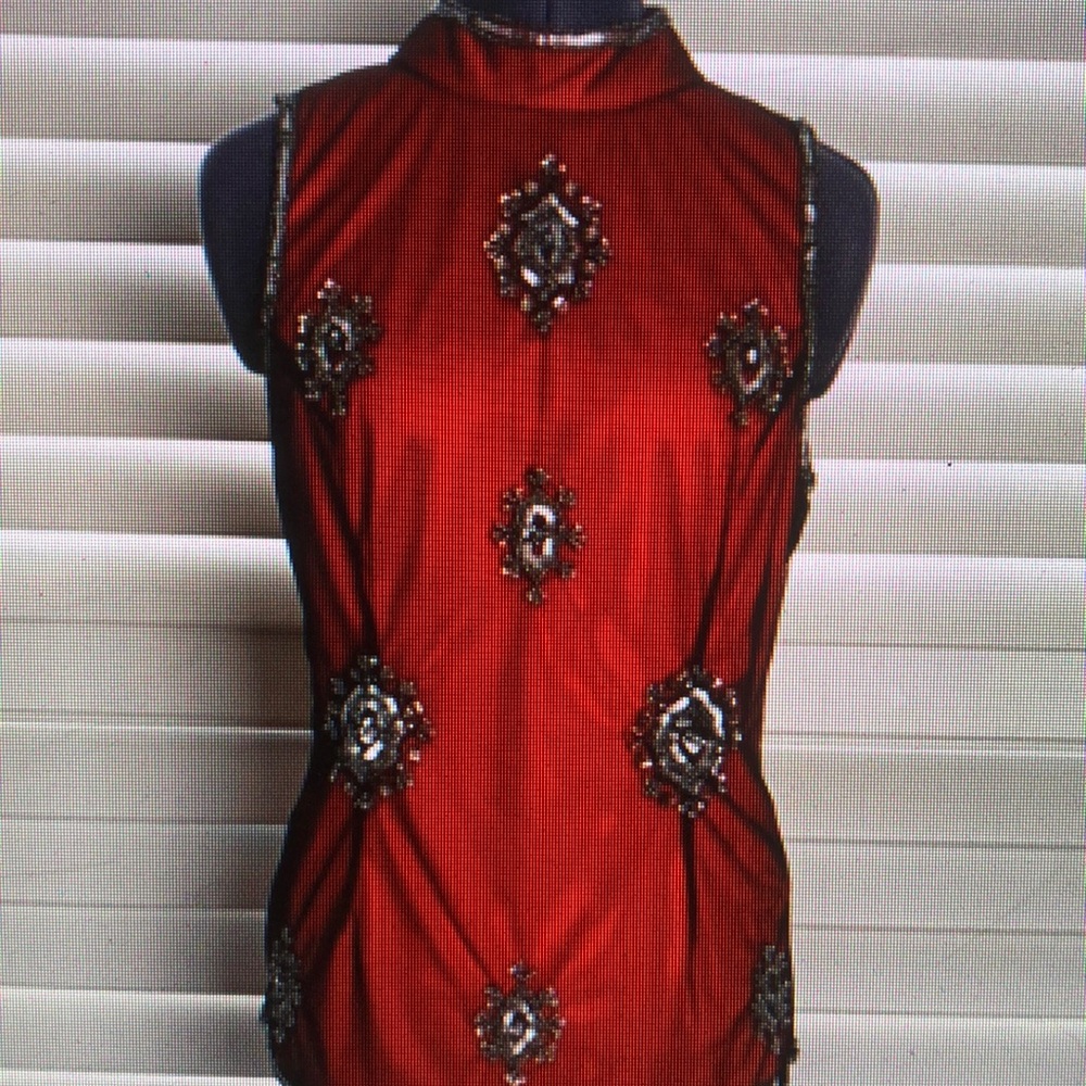 Elegant Red Sleeveless Top with Embellishments